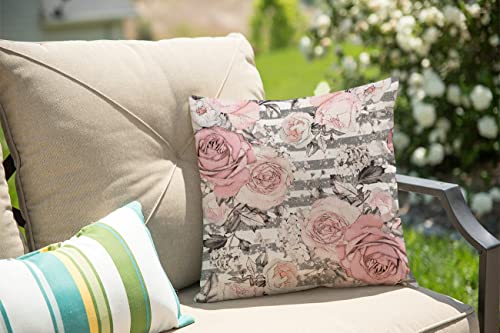 Pink Gray Floral Flower Rose Pillow Cover Blossoming Spring Pretty Watercolor Beautiful Elegance Rustic Leaves Nature Plant Square Decorative Throw Pillow Case Cushion Cover 18 X 18 Inch #TOP2