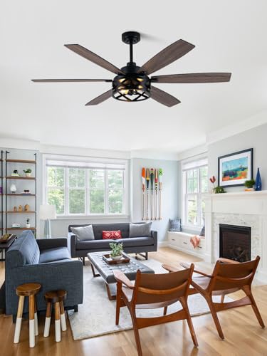 Image of 60 Inch Farmhouse Ceiling Fan with Lights Large Rustic Ceiling Fan Black Caged Fandelier Chandelier Light for Living Room Indoor Outdoor, Reversible DC Motor, 2 E26 Bulbs (Not Included)