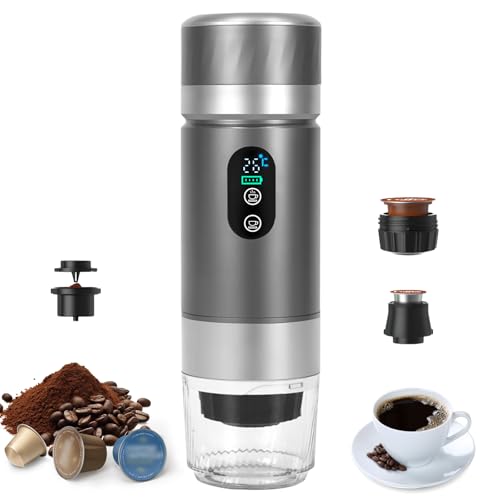 Máquina de Café Portátil de Cápsulas, 3 en 1 Cafetera Expresso para Cápsulas y Café Molido, Máquina de Café Eléctrica con Calentamiento Rápido para Oficina, Viaje, Camping, Hogar (Gris)