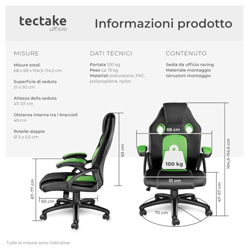 ® Sedia da Ufficio Ergonomica, Sedia Scrivania con Rotazione 360°, Imbottitura Confortevole, Rivestimento Similpelle, Poltrona Gaming con Altezza Regolabile, 5 Rotelle Doppie - Nero/Verde - Sedia gaming - Immagine 1