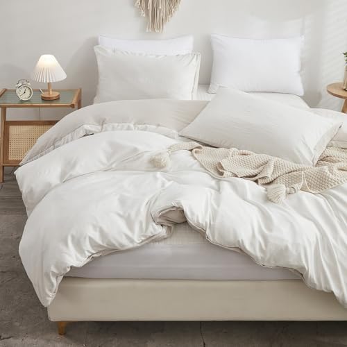 Freyamy Bettwäsche 135x200 4teilig Beige Weiß Unifarben Uni Bettwäsche-Sets Wende Gewaschene Microfaser ÖKO-TEX Deckenbezug 2 Bettbezug mit Reißverschluss und 2 Kissenbezug 80x80cm