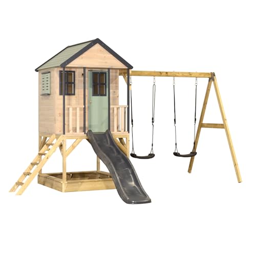 Wendi Toys M60 Stelzenhaus mit Rutsche und Doppelschaukel, Spielhaus aus FSC-Holz für Kinder Garten Outdoor, Podesthöhe 90 cm, 290×405×242 cm, mit 175 cm Rutsche, Sandkasten (Pastellgrün/Grau)