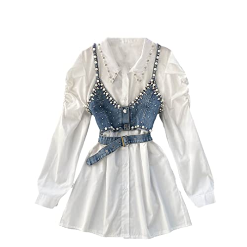 White Shirt Dress Female Lapel Diamond Pearl Shirt Short Denim Vest Two Piece Sets Female White S