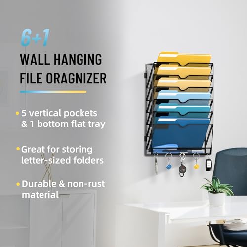 SUPEASY 7-Tier Wall File Holder Organizer with Hooks, Mesh Hanging File Organizer, Mail Organizer Wall Mounted for Papers, Folders, Office Magazine Rack, Assembly Needed, Black image 7