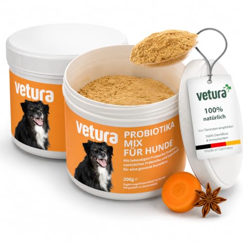 Vetura Probiotika-Mix für Hunde - 2 x 200 g Sparpaket - Probiotika-Pulver - Zur Unterstützung vom Aufbau Einer gesunden Darmflora - Mit Bacillus velezensis ohne Histaminbildung - Made in Germany