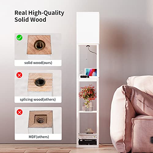 Image of SUNMORY Dimmable Floor Lamp with Shelves,Modern Solid Wood Standing Lamp with 1 Drawer and 2 USB Ports & 2 Power Outlet,Corner Tall Bookshelf Lamp for Living Room and Bedroom(White)