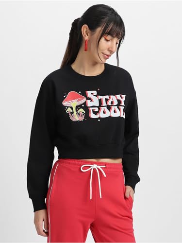 Image of JUNEBERRY Cotton Poly Fleece Regular Fit Beige & Black Graphic Print Full Sleeve Sweatshirt for Women