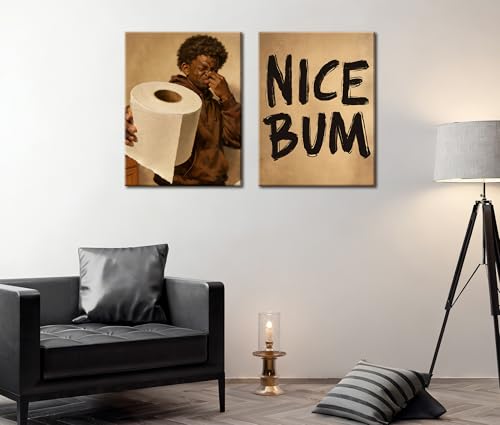 Image of Frimeeme Funny Bathroom Canvas Wall Art Set of 2, 12x16, Framed | African American Decor Print, Black Man Wall Art, Ready to Hang