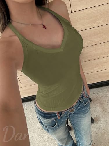 Image of Danysu V Neck Racer Back Tank Top for Women Padded Ribbed Long Tank Fitted Basic Cami Tops