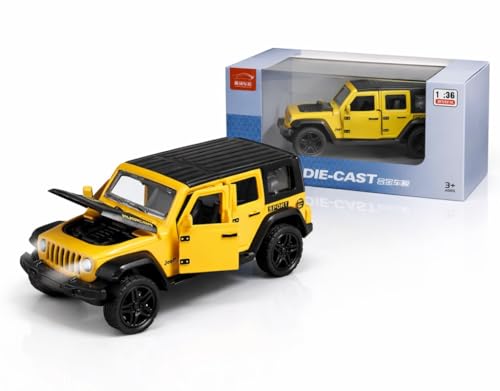 Image of 1:36 Scale Rubicon Car Model - Die-Cast Metal Pull Back SUV with Openable Doors, Lights & Music - Alloy Off-Road Toy Vehicle for Kids, Boys & Collectors (Yellow)