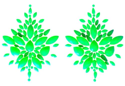 Reusable Rhinestone Glow In Black Light Neon YELLOW/GREEN Pasties - Self Adhesive - Nipple Covers, Bright Colors | EDC Outfit | Rave Outfit | Clubwear