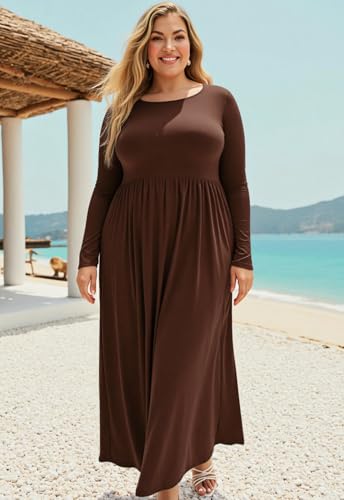 Image of Nemidor Plus Size Maxi Dress for Curvy Women Fall Casual Loose Long Sleeve Dresses with Pocket 14-26