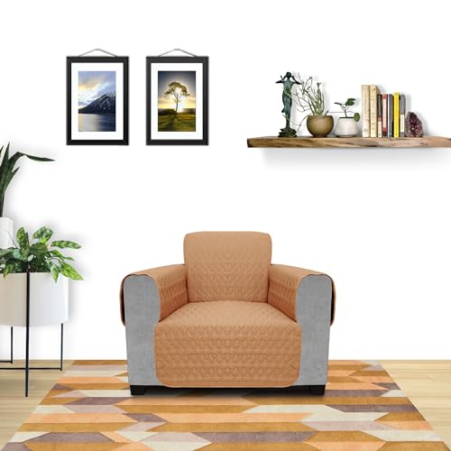 Image of Lithara 3 Layers Soft Quilted Reversible Sofa Cover Single Seater with Pockets | Dust Protective Quilted Fabric Sofa Seat Cover Beige & Maroon