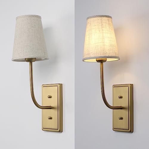 Image of Farmhouse Brass Wall Sconce 1-Light, Linen Fabric Shade Wall Lamp Hardwired Indoor Wall Light for Bedroom Living Room Vanity Bathroom (Linen Cloth 2-Pack)