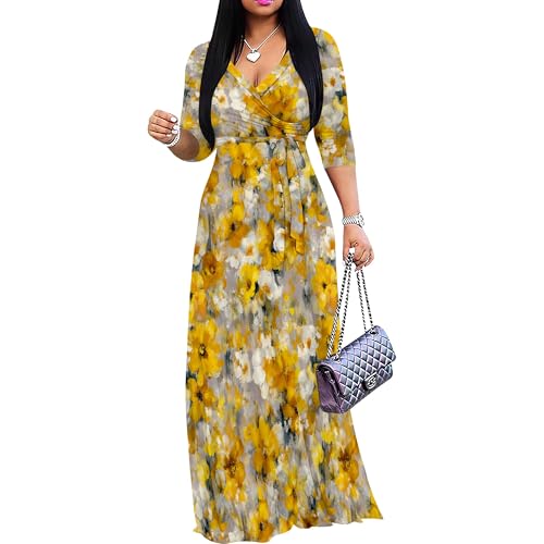 Image of Plus Size Dresses for Women Floral Print Maxi Dress Flowy 3 /4 Sleeve with Belt