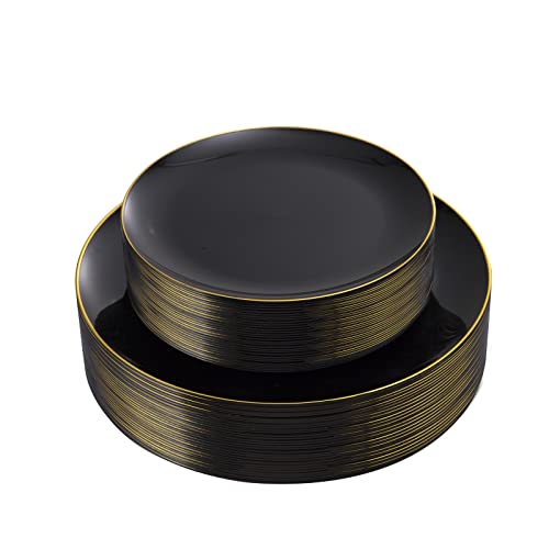 KIRE 60PCS Black Plastic Plates - Black Disposable Plates with Gold Rim for Halloween Party/Graduation - Include 30Pcs 10.25inch for Dinner and 30Pcs 7.5inch for Dessert