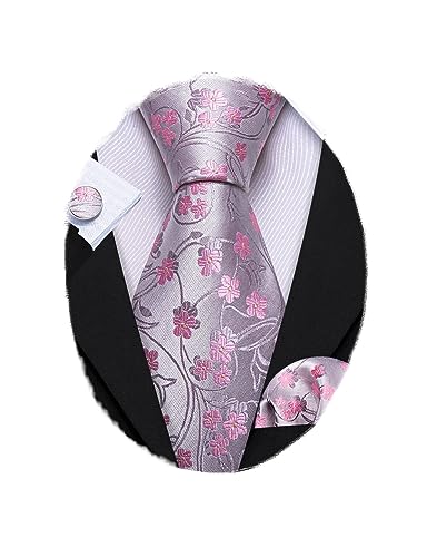 Image of Barry.Wang Flower Ties for Men Handkerchief Cufflinks Set Wedding Necktie Set Party
