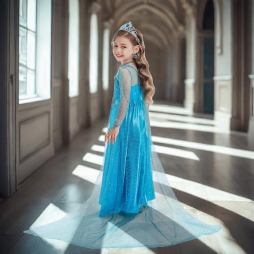 Elsa Dress for Girls Princess Dress Up Halloween Cosplay Elsa Costume Fancy Dress Birthday Outfit with Accessories3