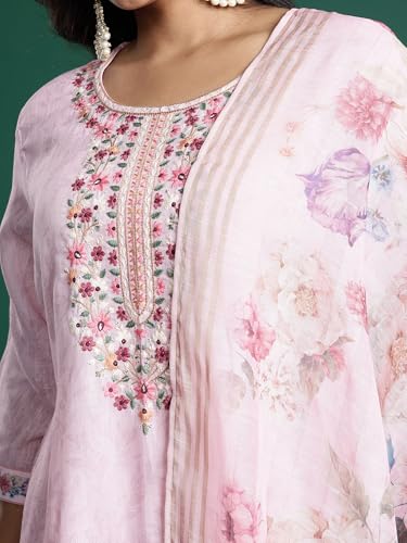 Image of INDO ERA Women's Linen Floral Embroidered Straight Calf Length Kurta with Pant & Dupatta Set (PS0KH10643)