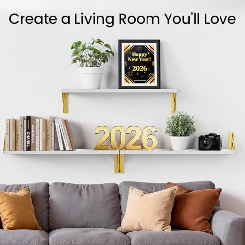 Image of BAYKA Wall Shelves for Bedroom Decor, Floating Shelves for Living Room Kitchen Storage, Wall Mounted Rustic Wood Shelves for Kids Books,Corner Shelves for Bathroom(White and Gold，23in，Set of 3)