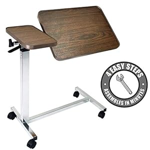 Vaunn Medical Adjustable Tilt Overbed Bedside Table with Wheels for Hospital and Home Use
