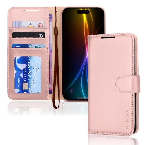 TECHGEAR Funda de piel tipo cartera para iPhone 17 con bloqueo RFID, funda tipo libro con ranuras para tarjetas y dinero en efectivo, función atril, correa de muñeca, cierre magnético, piel sintética