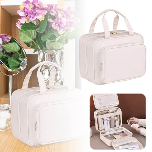 Elouva - Neceser grande de maquillaje, gran capacidad, gran apertura, cosméticos de viaje, 4 en 1, multifuncionales, ligeras, con asa para accesorios, artículos de tocador (blanco, 12.5 x 25 x 19 cm)