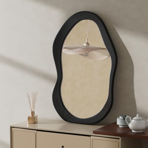 OUSIMY Espejo de pared irregular de 32 x 22 pulgadas, espejo ondulado asimétrico con marco de madera negra para dormitorio, sala de estar, entrada, decoración moderna de pared, espejo de pared
