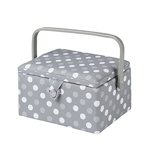 Sewing Online Medium Sewing Box,Grey Spot Fabric | 26 x 18 x 15cm | Storage and Organiser Basket with Compartments for Sewing Supplies,Accessories,Thread,Needles,and Scissors - GA1129M