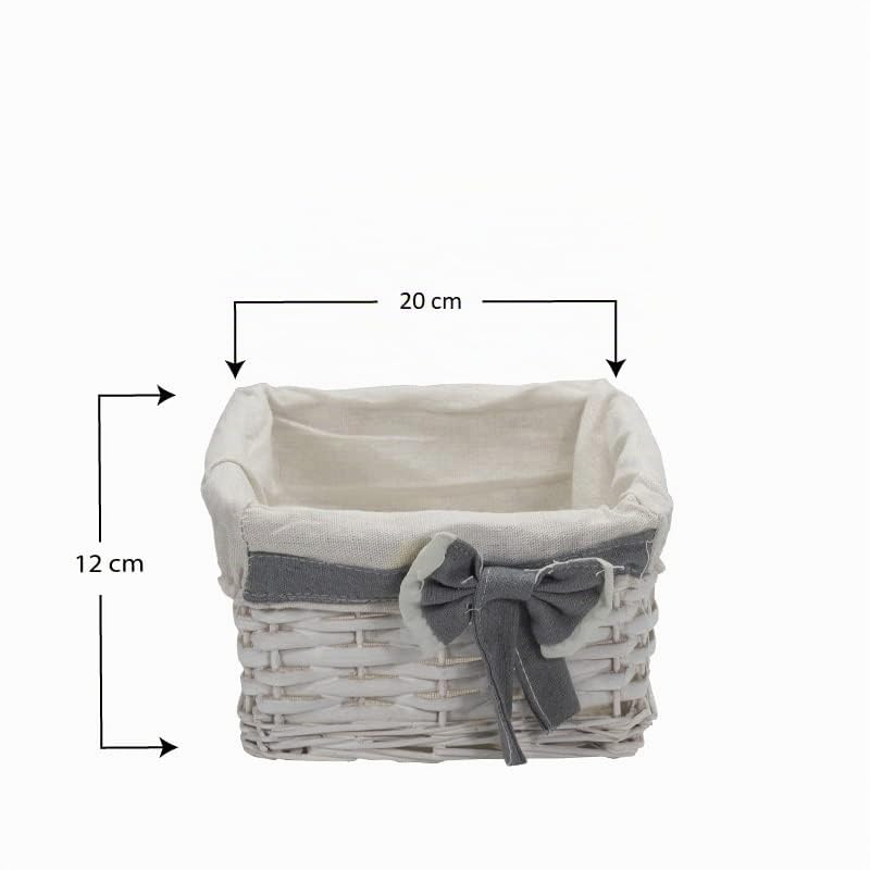 Virsus Set di 3 Cesti in Vimini portaoggetti impilabili 8342, misura 45x27x15 cm e 2 cesti 20x20x12 cm, con fodera in Tessuto, cesto intrecciato organizer per bagno, dispensa, Bianco con Fiocco