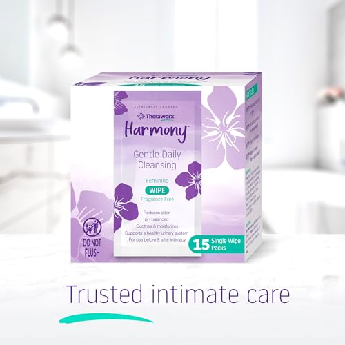 Image of Theraworx Harmony Gentle Daily Cleansing Feminine Wipes Fragrance Free, Reduces Odor, Individually Wrapped, Travel Size - 15 Count (Pack of 8)