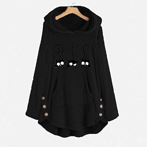 ZJRXM Women's Long Sleeve Cat Printed Hoodies Casual Loose Plush Fleece Hooded Pullover Tops Fall Winter Warm Coat Outwear Black