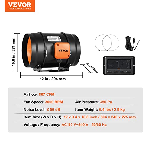 Vevor Inline Duct Fan, 8-Inch 807 Cfm With Temperature Humidity Controller, Quiet Ec-Motor Ventilation Exhaust Fan For Cooling Booster, Grow Tents, Hydroponics #TOP6