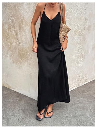 Verdusa Women's Linen Dresses Open Backless Flowy Long Maxi Dresses Beaded V Neck Vacation Dress3