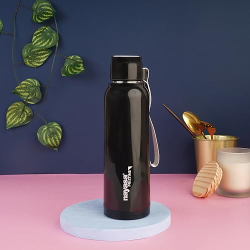 Image of Nayasa Pristine 700ml Water Bottle | BPA-Free Plastic with Insulated Stainless Steel Inner | Leak-Proof Twist Cap | for Office, School, Gym, Travel, and Outdoor Use | Black