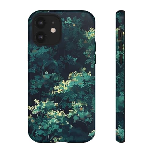 Coque rigide brillante iPhone 12 motif feuillage vert foncé avec protection antichoc