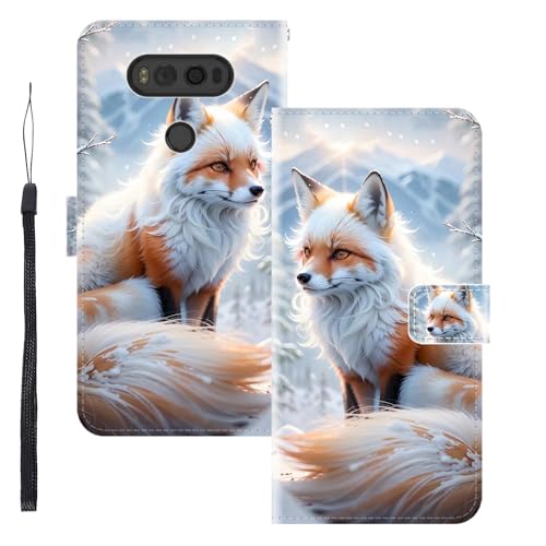 WUACYEAMING für LG V20 Hülle Premium PU Leder Flip Klappbare Stoßfeste Magnetische Schutzhülle Tasche mit Kartenfach Geld Slot Ständer Fuchs