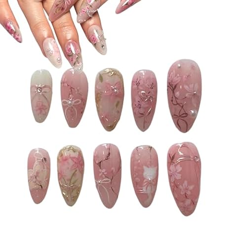Xanthelle Nail Press on Paznokcie, 24 szt., różowe kwiaty, średnie migdały, sztuczne paznokcie do przyklejenia, zestaw wielokrotnego użytku