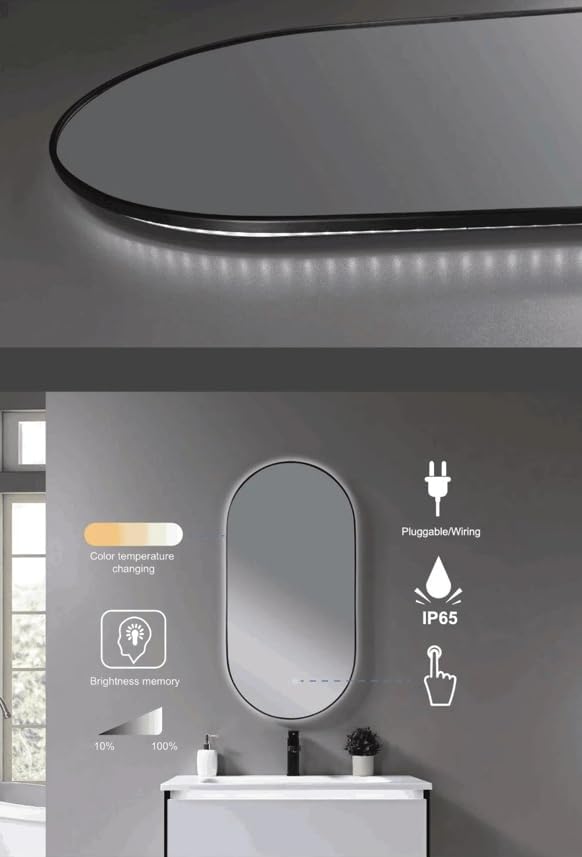 Auvabath 50 x 100 cm Oval LED Wall Mirror – Waterproof IP65, Copper-Free Glass, Aluminum Frame, Modern Bathroom & Vanity Mirror, Made in Canada