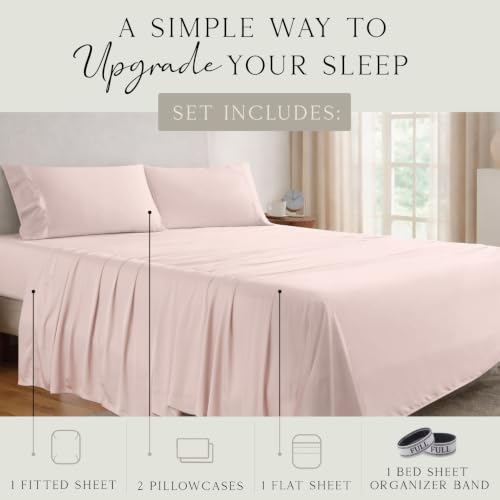 Image of KARISSA MAE Luxury Bamboo Viscose Full Size Sheet Set | FSC Certified | Cooling | Ultra Soft | 18 inch Deep Pockets | Elastic Corner Straps | Includes Organizer Band [Pink Peony]