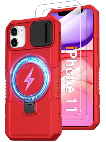 Magnetic Case for iPhone 11, with Ring Stand [2X Glass Screen Protector] [Compatible with MagSafe] Military Grade Case with Camera Cover, Heavy Duty Shockproof Cover for iPhone 11 6.1 inch, Red