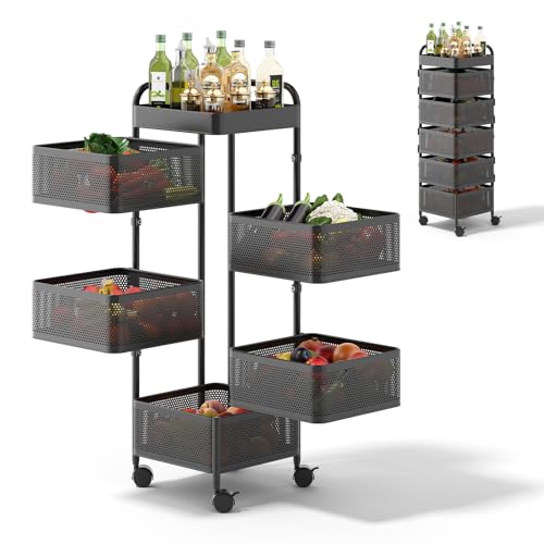 Warmiehomy 5 Tier Square Rotating Storage Rack, Kitchen Trolley Storage, Movable and Detachable Vegetable Storage Rack with 360° Wheels, Perfect for Pantry, Bathroom, or Living Room, Black, 26×26×85cm