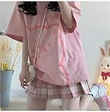 Women Kawaii Bear T-Shirt Cute Japanese Shirt Anime Graphic Tees Korean Preppy Short Sleece Oversized Clothes Tops (Pink,S,Small,Small)