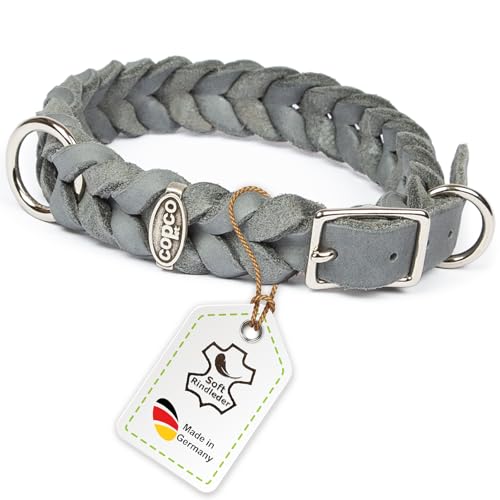 CopcoPet Hundehalsband aus Fettleder 45–49 cm x 25mm Grau – Geflochtenes Lederhalsband – verchromt mit Dornschließe – Robust & verstellbar – Für große Hunde, ideal für Alltag & Training