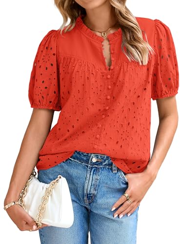 Glamaker Womens Summer Tops Blouse 2026 Casual Eyelet Embroidered Short Puff Sleeve Lace Hollow Out Button Dressy Shirts (Orange S)