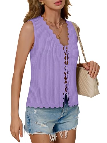 Image of COCCKO Womens Summer Tops Vacation Beach Outfits Cute Tie Front Crochet Vest Knit Sleeveless Sweaters