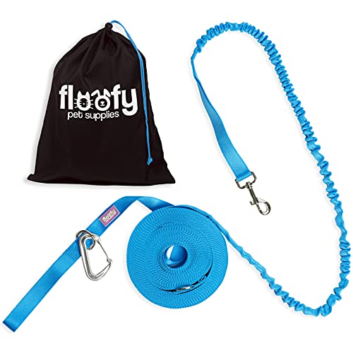 Floofy Pet Supplies Dog Training Leash - Shock Absorbing Bungee - 50ft Obedience Recall Agility Lead - 1 Inch Nylon (Blue)