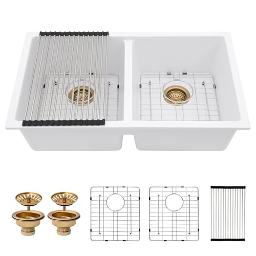 33 Granite Composite Kitchen Sink - Couoko 33x19 Inch White Undermount Granite Kitchen Sink White...