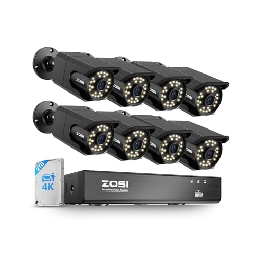 ZOSI 4K PoE Security Camera System, H.265+ 8CH NVR with 2TB HDD (16CH Expandable), 8 x 8MP Wired IP PoE Cameras Outdoor Indoor, Human/Face/Vehicle Detect, One-Way Audio, Color Night Vision,