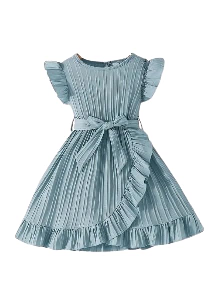 Baby Girls Designer Dress | Pleated A-Line Dress with Ruffle Sleeves & Waist Tie | Birthday